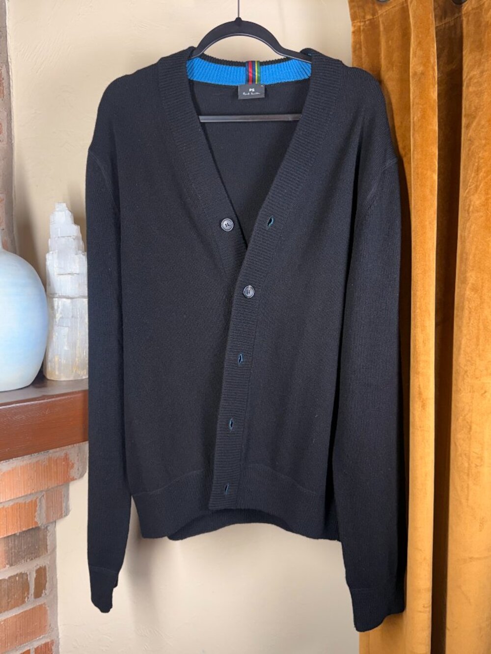 PS Paul Smith Men’s Black 100% Wool Cardigan Blue Stripe Trim XL